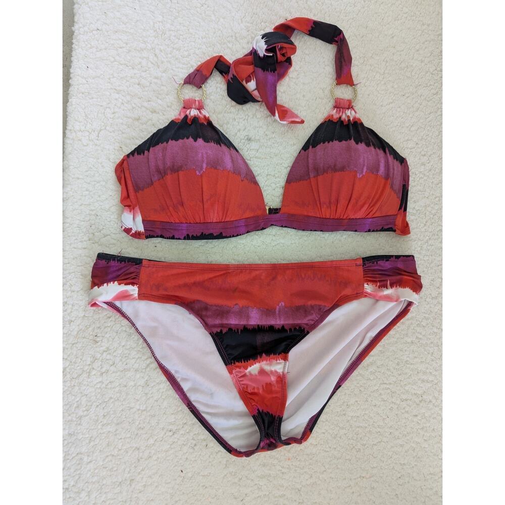 ana A New Approach Womens Red Purple Striped Halter Bikini Set Size 14